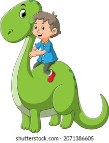 The boy is playing with the dinosaur brontosaurus of illustration