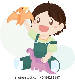 Niño jugando con muñeca de dinosaurio