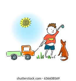 A boy is playing with the dog and car.Vector illustration.