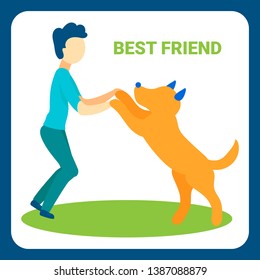 Boy Playing with Dog Flat Vector Banner Template. Kid, Child Having Fun with Best Friend, Dog Isolated Characters. Adorable Puppy Jumping Outdoors. Developing Responsibility in Children Typography
