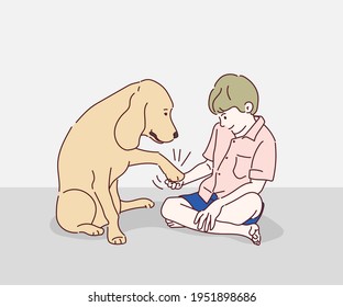 A boy playing with a dog. Hand drawn in thin line style, vector illustrations.