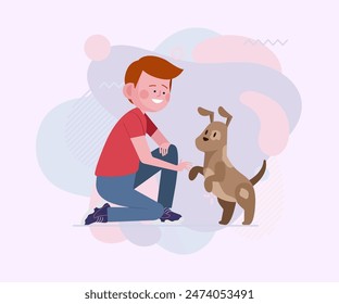 Boy playing with dog. Happy boy enjoying spending time wth dog flat vector illustration. Animal care, companion concept for banner, website design or landing page