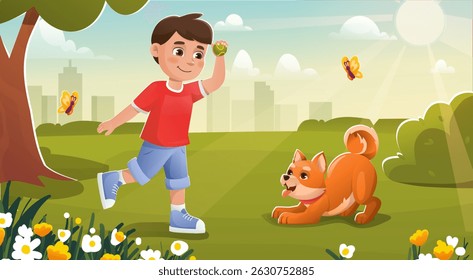 Boy playing with dog. Kid with ball plays with puppy. Child spending time together with domestic animal. Leisure and rest. Friends in park. Flat vector illustration