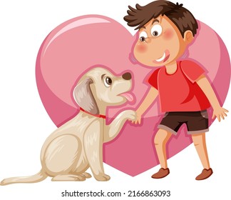 A boy playing with dog on heart background illustration