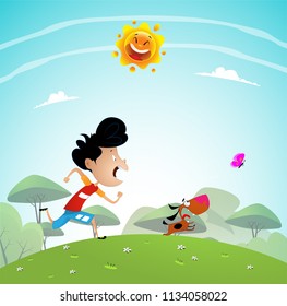 Boy playing with Dog In the Park. Cartoon vector illustration