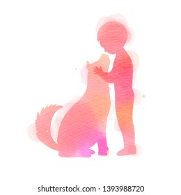 Boy playing with dog  silhouette on watercolor background. The concept of trust, friendship and pet care. Digital art painting. Vector illustration.