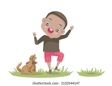 niño jugando con perro en verano
