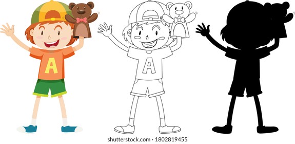 Boy playing with doll hand in colour and outline and silhouette illustration