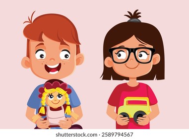 
Boy Playing with Doll Sister Playing with Car Vector Cartoon. Kids sharing and exchanging toys developing social skills
