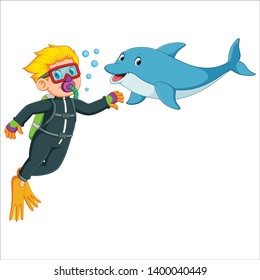 the boy is playing with the dolphin under the water