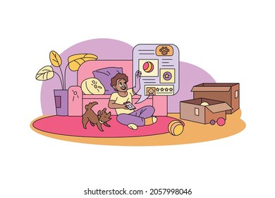 Boy playing with domestic puppy vector illustration. Choose toy on virtual mobile phone screen flat style. Pet, pastime, training concept