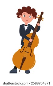 Boy playing double bass in formal attire during a music performance