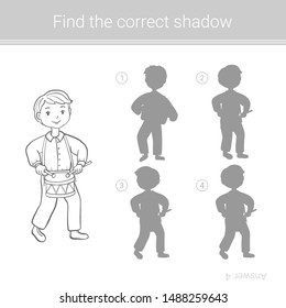 Boy playing drum. Find the correct shadow.Children educational game.Vector illustration. Coloring page.