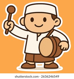 a boy is playing a drum in his hand