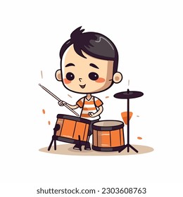 A boy playing a drum set with a black hair. vector illustration
