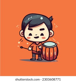 A boy playing a drum set with a black hair. vector illustration
