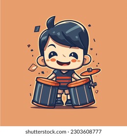 A boy playing a drum set with a black hair. vector illustration
