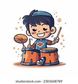 A boy playing a drum set with a black hair. vector illustration
