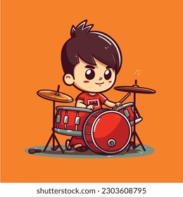 A boy playing a drum set with a black hair. vector illustration
