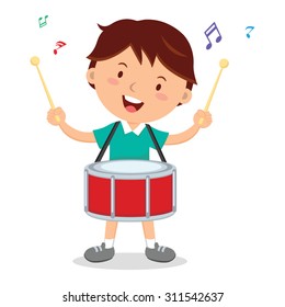 Boy playing drum. Vector illustration of a cheerful boy playing drum.