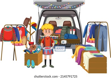 Boy playing drum at yard sale illustration