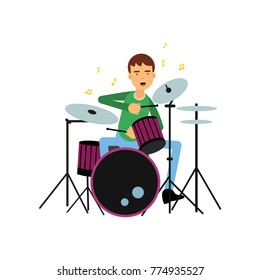 Boy playing drums. Creative hobby or profession concept. Artist young man musician. Flat vector illustration