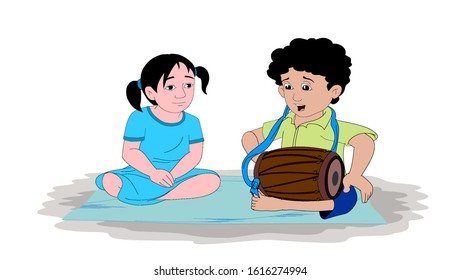 boy is playing drums and a girl is listening