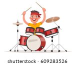 Boy playing drums on a white background. Musical children's performance. Vector illustration in cartoon style