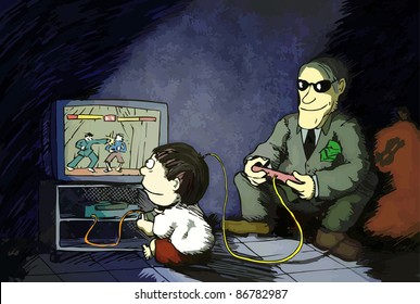 A boy is playing a fighting video game, while being played by a mysterious man