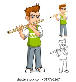  Boy Playing Flute Cartoon Character Vector Illustration