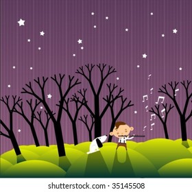 Boy playing flute with a dog in winter night.