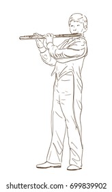 boy playing flute line sketch vector. hand drawn illustration of young musician playing wind musical instrument