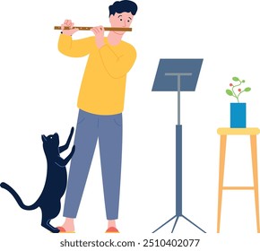 Boy playing flute. Music hobby lesson icon