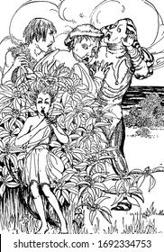 Um menino tocando flauta perto da árvore e três pessoas atrás da árvore ouvindo música, vintage linha desenho ou gravura ilustração