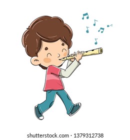 Boy playing the flute while walking