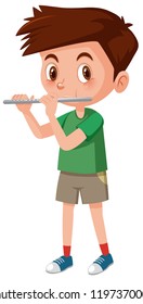 Boy playing flutes on white background illustration