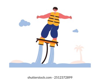 Boy playing flyboard on the beach casually, extreme sports vector illustration.