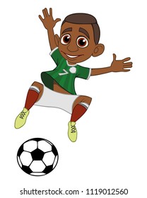 boy playing foodball in the form of a national team Mexico