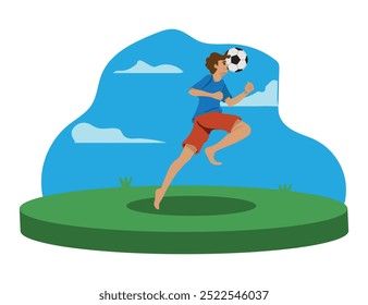 boy playing football barefoot making a move with his head, child playing sport. vector illustration.