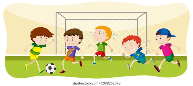 Boy Playing Football at Field illustration