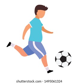 Boy playing football flat vector illustration. Obese teenager doing sports to lose weight isolated cartoon character on white background. 