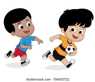 Boy playing football with friends.vector and illustration.