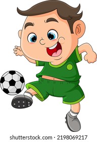 The boy is playing a football and going to shoot and pass the ball in a field of illustration
