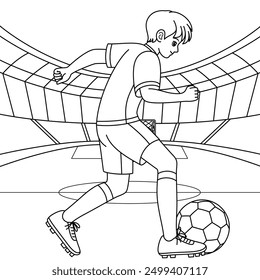 The boy is playing football on the stadium cartoon outline. Soccer Coloring Page