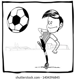 Boy playing football at the stadium, drawing in cartoon style, black and white illustration in vector.