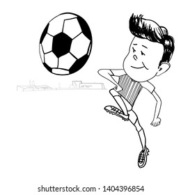 Boy playing football at the stadium, drawing in cartoon style, black and white illustration in vector.