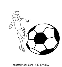 Boy playing football at the stadium, drawing in cartoon style, black and white illustration in vector.