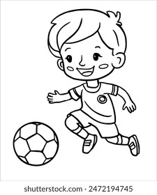  Junge spielt Fußball.Contour Linear Zeichnung Kinder Malbuch