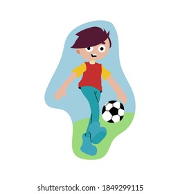 Boy playing footbol vector drawing, Happy Kids Vector illustration. 