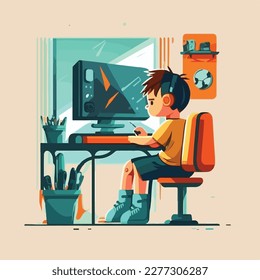 A boy playing game on pc, Flat style vector